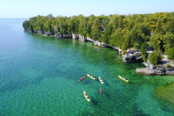 Aerial photo of kayakers on Lake Michigan